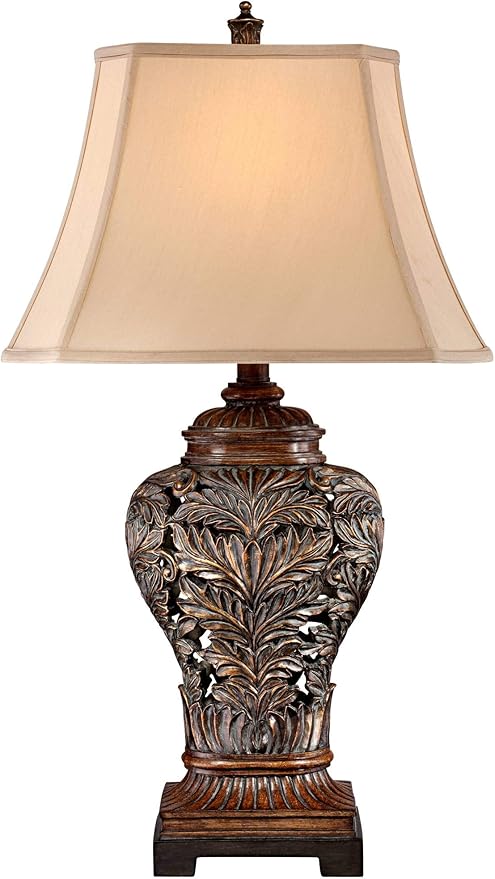 Barnes and Ivy Leafwork Vase 32 1/2" Tall Large Traditional End Table Lamp Brown Wood Finish Single Tan Rectangular Shade Living Room Bedroom Bedside Nightstand House Office Home Reading Kitchen