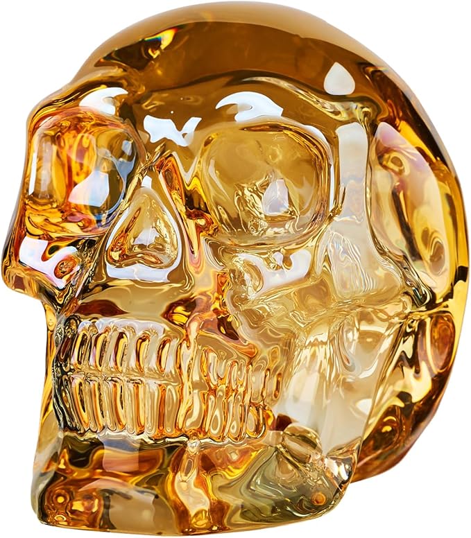Crystal Halloween Skull Skeleton Decor, Gold Glass Skull Gifts for Men Home Decorations with Gift Box, Art Glass Day of The Dead Skull Halloween Paperweights Collectibles (Gold)