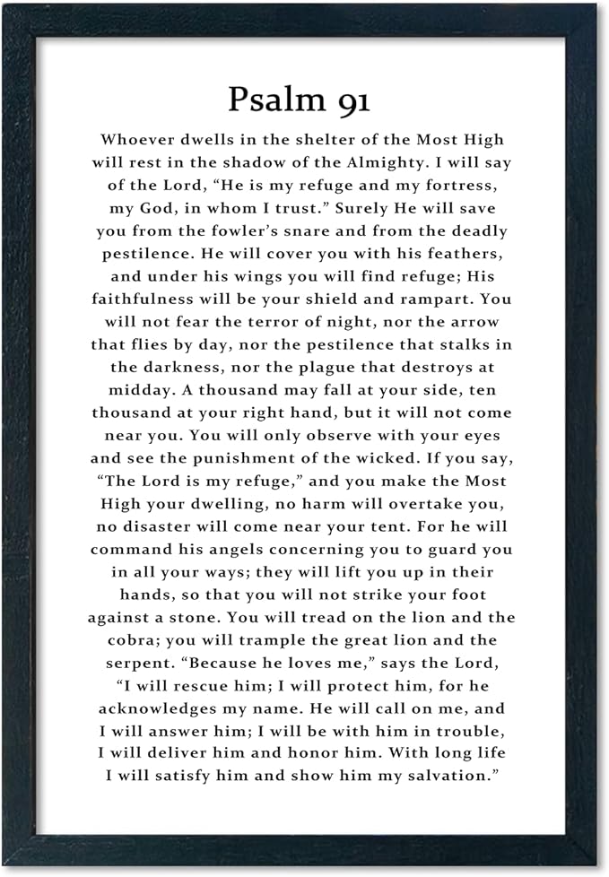 LuZhiQiang Psalm 91 Scripture Wall Art 16"×11" Bible Verse Christian Inspirational Sign Wood Framed Wall Hanging Decor (Black)