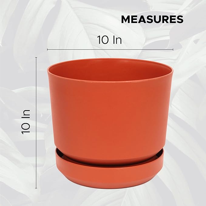 Elly Décor 10 inch Plastic Cylinder Planter Pot with Self-Watering Saucer and Drainage Hole,Lightweight & Extremely Durable, 10"x 10", Terracotta