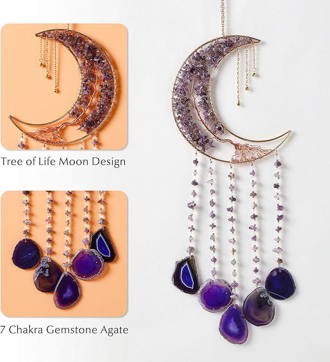 Agate Gemstone Dream Catcher 7 Chakra Tree of Life Dream Catcher with Rainbow Crystal Stones Handmade Dreamcatcher Wall Decor for Adults Boys Girls,Bedroom,Wedding,Garden,Bless Gift(Purple Moon)