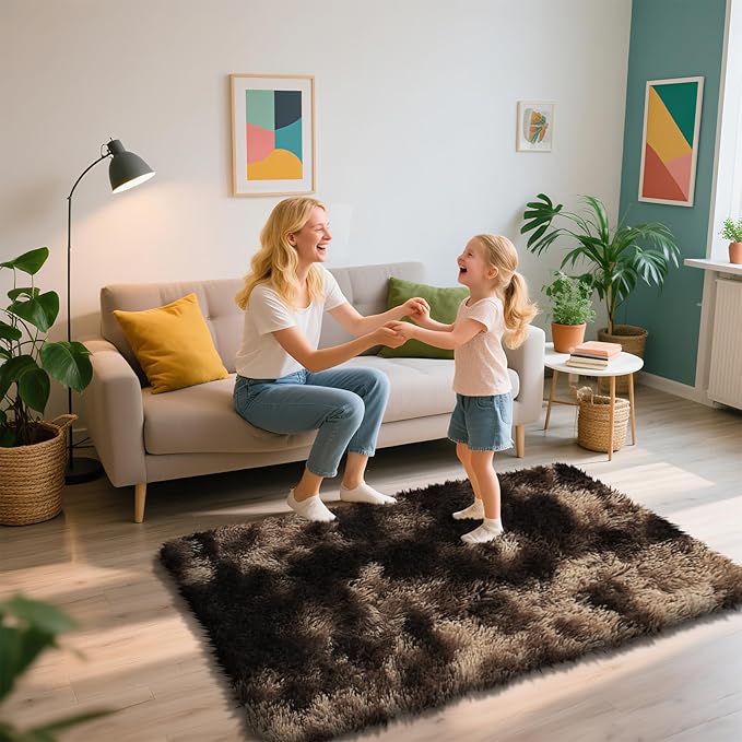 Shag Area Rug for Bedroom 3x5,Fluffy Area Rugs for Living Room,Soft Fuzzy Rug Non-Shedding Indoor Plush Carpet for Kids Bedroom Nursery Dorm Home Decor,Tie-Dyed Coffee
