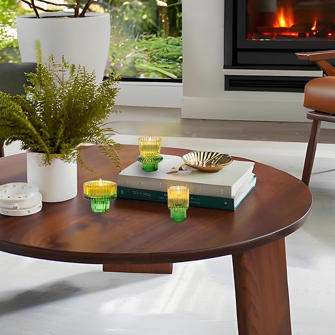 Double Sided Vintage Ribbed Taper Glass Candle Holders,Tea Candle Holder for Table Centerpieces, Wedding Decorations and Dinner Parties (Yellow Green, 3 PCS)