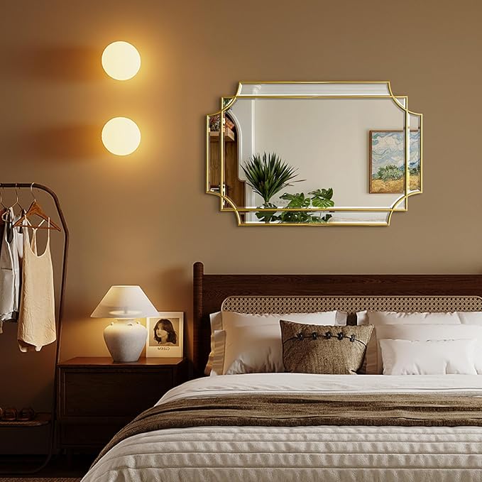 Gold Mirror for Wall, 36x24 Gold Wood Framed, Scalloped Beveled Polished Rectangle Mirror, Large Decorative Mirrors for Wall Decor, Irregular Mirror for Living Room, Bathroom Vanity, Entryway