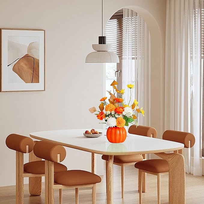 Artificial Flowers, Fake Flowers in Vase, Silk Flowers with Ceramic Vase, Faux Flowers Arrangement for Homes, Restaurants Decoration Dining Table Centerpiece Decor (Orange)