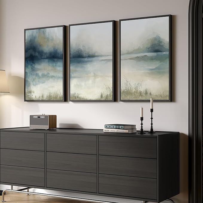 Large Framed Abstract Nature Landscape Wall Art for Living Room, 3 Piece Modern Canvas Prints Paintings Artwork for Walls, Blue Watercolor Lake Mountain Pictures for Hallway Office Wall Decor 24x36 In