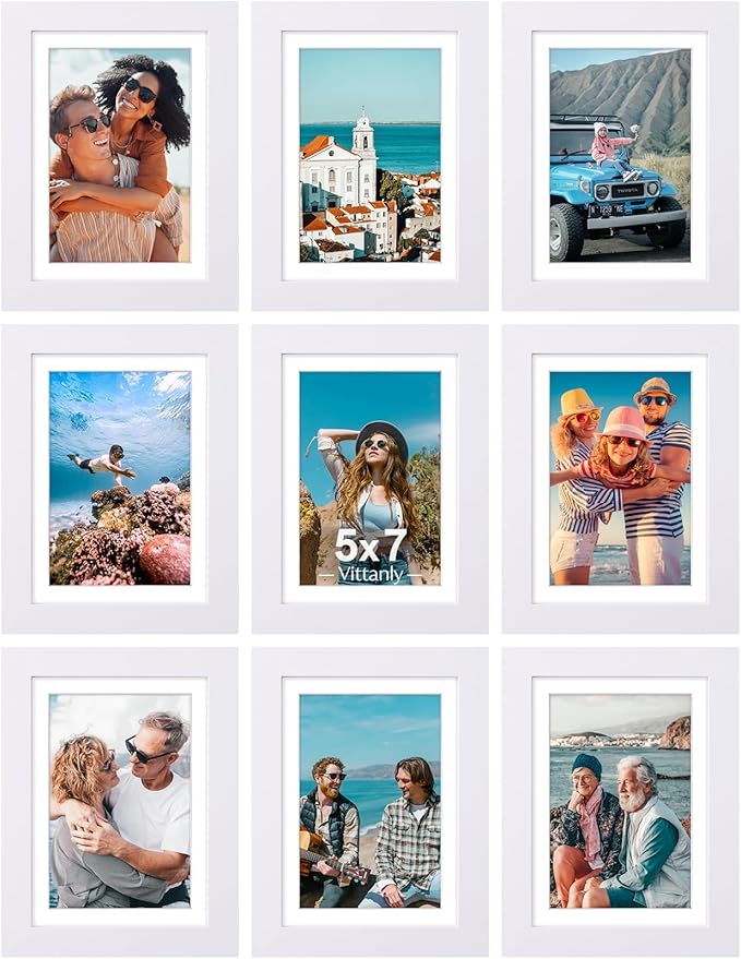 Vittanly 5x7 Picture Frames Set of 9, Shatter Resistant Plexiglass, Display 4x6 Pictures with Mat or 5x7 without Mat, Photo Frames for Wall or Tabletop, Engineered Wood, White