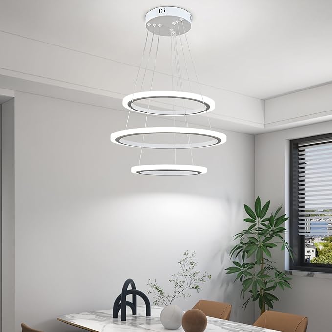 O'NEELDY Modern LED Chandeliers White Pendant Light Fixture 3 Ring Flush Mount Chandeliers with Adjustable Hanging Cord for Bedroom,Kitchen, Island Cafe