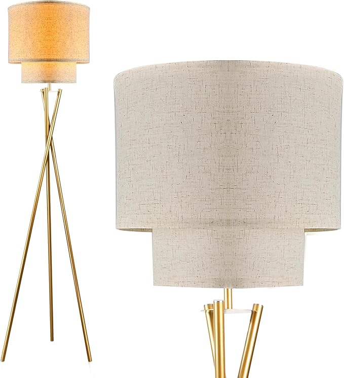 Lightdot Glod Tripod Floor Lamp, Modern Floor Lamps for Living Room, Standing Lamp with Dual Drum, E26 Bulb Included, 67.7" Tall Floor Lamp for Bedroom, Home Office