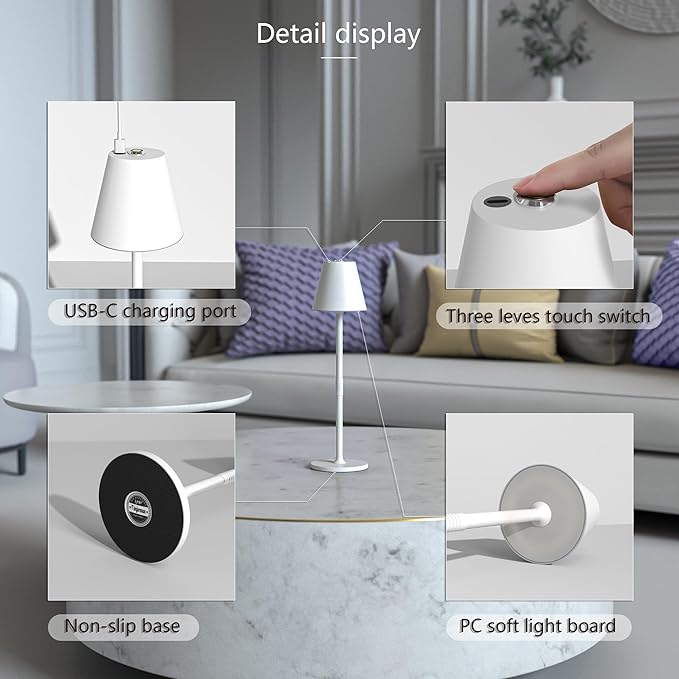 Modern LED Cordless Table Lamp, 4000mAh Rechargeable Battery, 3 Level Brightness Night Light, Metal Shell, Minimalist Design, for Couples Dinner/Coffee Table/Restaurant/Bedroom, White