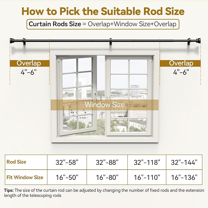 Curtain Rod 2 Pack 32-144 Inch, Heavy Duty 1 Inch Curtain Rod, Black Extra Long Adjustable Window Treatment Rods, Modern Design, Easy Installation