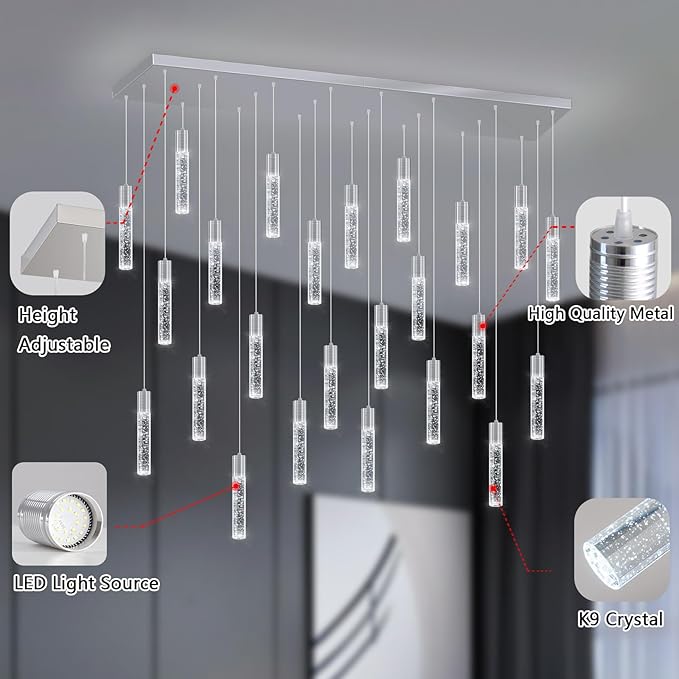 24-Lights Modern Crystal Chandeliers LED Pendant Light for Kitchen Island Dining Room Entrance Foyer Living Room Silver