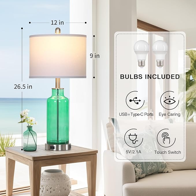 26.5" Coastal Green Glass Table Lamps Set of 2, 3-Way Dimmable Touch Control Bedside Lamps with USB Ports and AC Outlet, Teal Nightstand Lamps for Bedroom Living Room