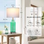 26.5" Coastal Green Glass Table Lamps Set of 2, 3-Way Dimmable Touch Control Bedside Lamps with USB Ports and AC Outlet, Teal Nightstand Lamps for Bedroom Living Room