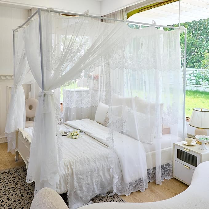 AIKASY Elegant Lace Princess 4-Poster Bed Canopy Mosquito Net - Romantic Wedding Bridal Bedroom Decor, Kids Room Bed Curtain for Women Adults - (White1,King)