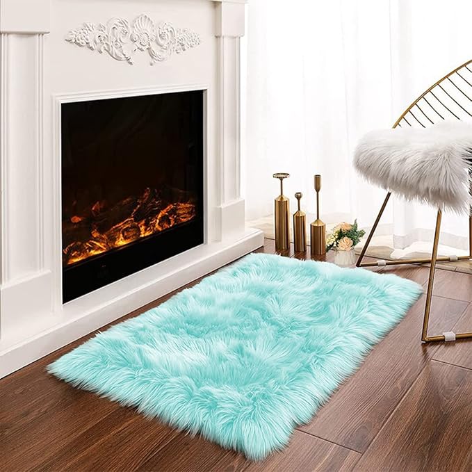 Latepis Light Blue Small Fluffy Rugs 2x3 Teal Faux Sheepskin Fur Rug for Bedroom Cute Throw Plush Rug for Cushion Chair Furry Rugs for Home Décor