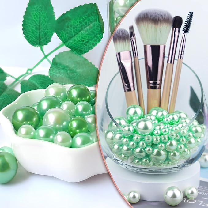 200 PCS Green Vase Fillers, Pearls Bead for Centerpieces Vases, 10/14/20 MM No Hole Beads, Fake Pearls for Wedding Birthday Anniversary Theme Party Table Centerpieces Decor