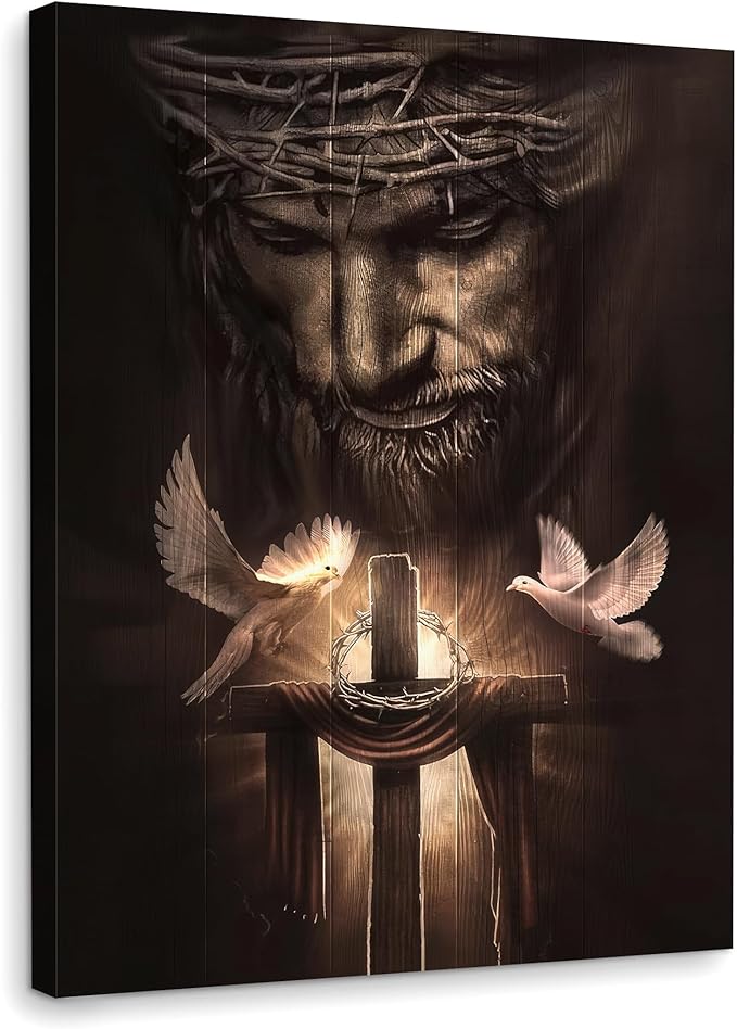 Fantasy Artists Framed Jesus Christ Canvas Wall Art The Cross and Peace Dove Christian Painting Prints Biblical Wall Decor Religious Room Decor for Church Prayer Room Schools Hospitals 12" x 16"
