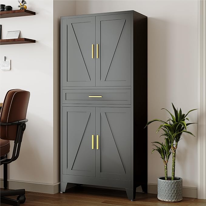 71 "Farmhouse Metal Filing Cabinet with a Drawer and 4 Adjustable Shelves, with 4 Large barn Door White Kitchen Cabinets, Metal Food Cabinets for Home, Kitchen, Dining/Living Room (Black)