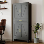 71 "Farmhouse Metal Filing Cabinet with a Drawer and 4 Adjustable Shelves, with 4 Large barn Door White Kitchen Cabinets, Metal Food Cabinets for Home, Kitchen, Dining/Living Room (Black)