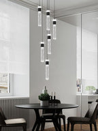 6-Light Black Modern Crystal Raindrop Chandelier for Dining Room Entrance Long Crystal Bubble Column Chandelier for High Ceiling Lighting Fixtures LED Lampara, 3000k-6000K