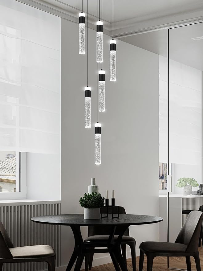 6-Light Black Modern Crystal Raindrop Chandelier for Dining Room Entrance Long Crystal Bubble Column Chandelier for High Ceiling Lighting Fixtures LED Lampara, 3000k-6000K