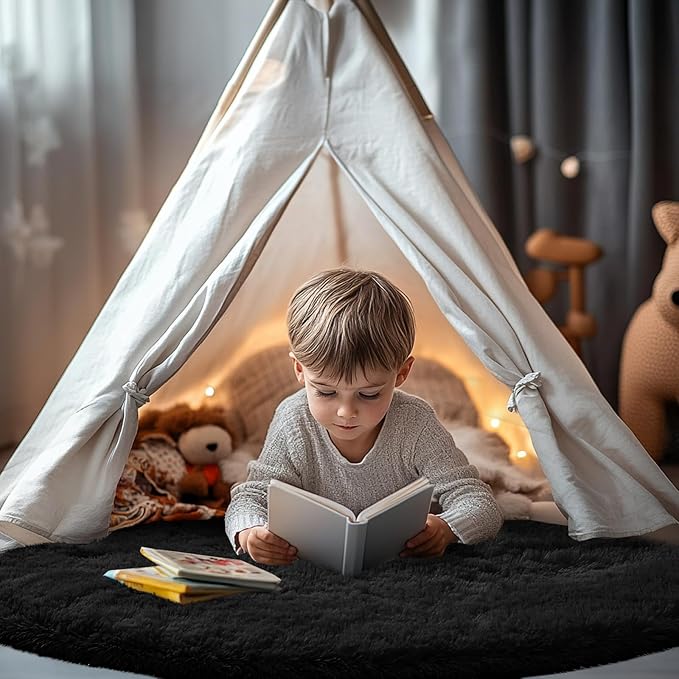 CAIYUECS Black Round Rug for Bedroom 4x4Feet: Soft and Fluffy Area Rug for Boys Bedroom- Black Oval Furry Plush Rug for Kids Room, Nursery, 4ft