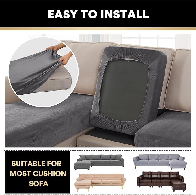 PrinceDeco Sectional Couch Covers 4 Pieces Velvet Separate Couch Cushion Covers L Shape for Left/Right Chaise Sectional Couch with Elastic Bottom (3 Seater + 1 Chaise,Grey)