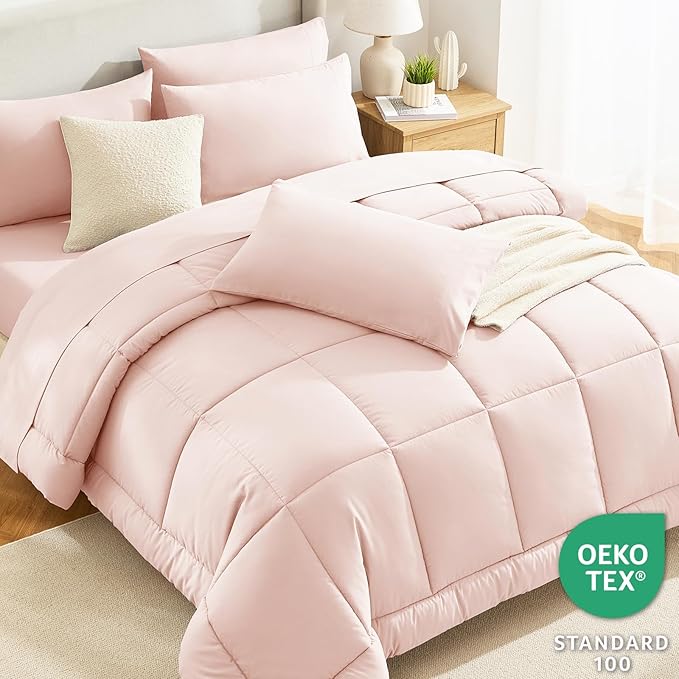 CozyLux Twin Comforter Set with Sheets Blush Pink, 5 Pieces Bed in a Bag, Pink Comforter Twin Size, All Season Bedding Set with Stitch Quilted Comforter, Flat Sheet, Fitted Sheet, Pillowcases
