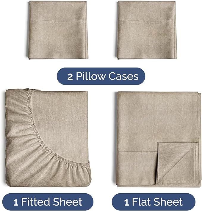 Twin Sheets Set 4 Piece - Includes 2 Pillowcases - Bed Sheets Twin Size - Soft Hotel Luxury Bedding - Cooling, Comfy & Breathable - 1 Flat & 1 Fitted & 2 Pillowcases w/ Deep Pockets - Heathered Beige