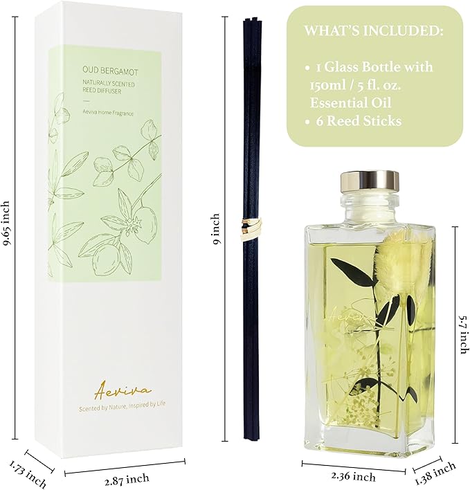 Reed Diffuser Set, 5 fl oz Oud Bergamot Scented Oil Diffuser, Home Fragrance with Cotton Reed Sticks for Bedroom, Office, Bathroom Shelf Decor & Gifts