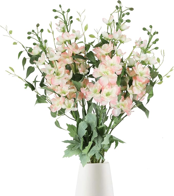 8PCS Pink Artificial Delphinium Flowers with Clematis Greenery Long Stem Artificial Flowers for Tall Vase for Home Wedding Floral Arrangement Centerpiece Table Decor (Flesh Pink)