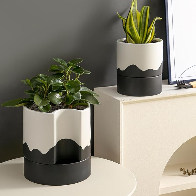 Nihow Self Watering Plant Pot: 8 Inch Ceramic Planter with Drainage Hole & Water Storage Plus for Indoor & Outdoor Plants - Cylinder Round Flower Pot for Succulent/Herbs/Violets - White & Wave Black