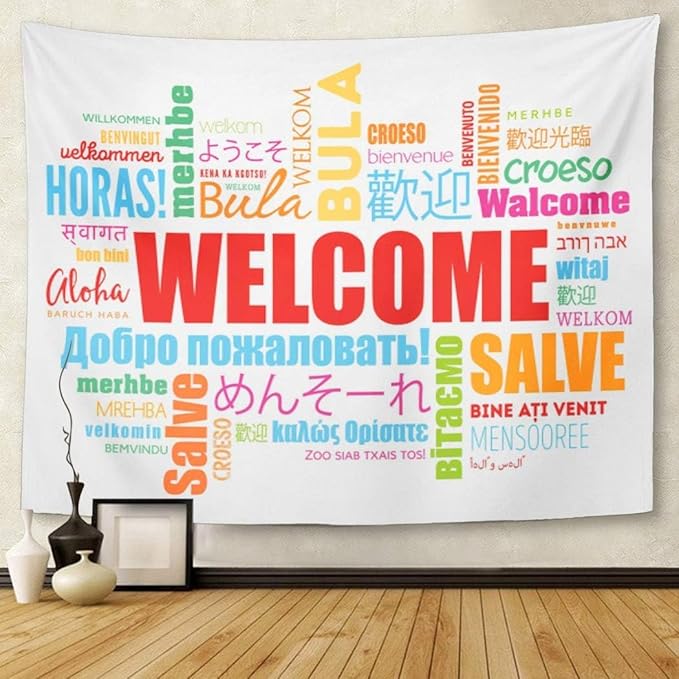 TOMPOP Tapestry World Welcome Word Cloud in Different Languages Conceptual Multilingual Home Decor Wall Hanging for Living Room Bedroom Dorm 60x80 Inches