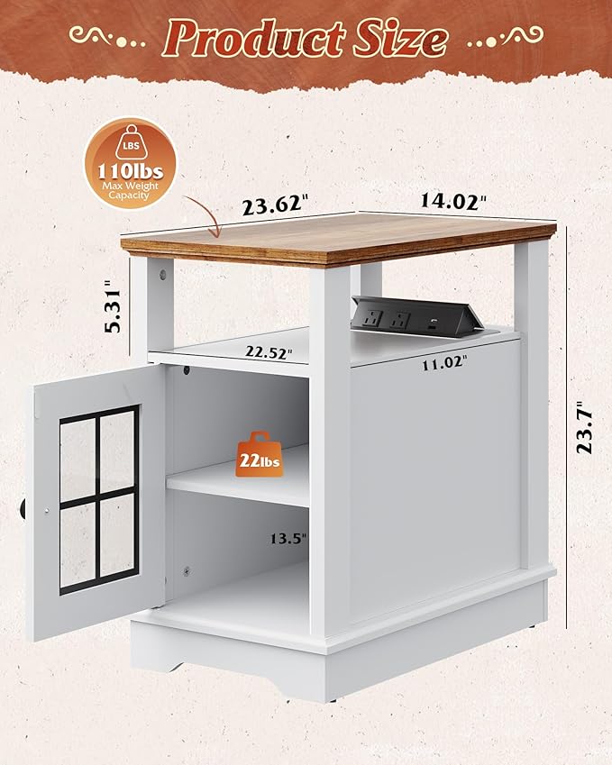 WLIVE Farmhouse End Table with Charging Station, Narrow Side Table for Living Room, Night Stand with Storage , Small Wooden Cabinet with USB Ports and Outlets for Bedroom, 23.62"D x 13.98"W x 23.7"H