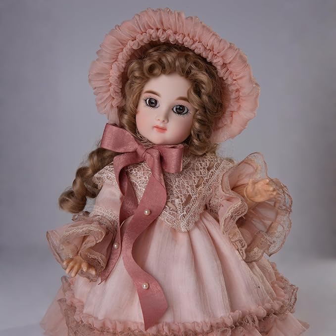 16-Inch BJD Vinyl Bisque Doll, Scale Poseable Vintage Court Doll with Victorian Dress, Collectible Doll with Gift Box for Display, Decoration, Birthday Gift Name Porcelosia (Pink)