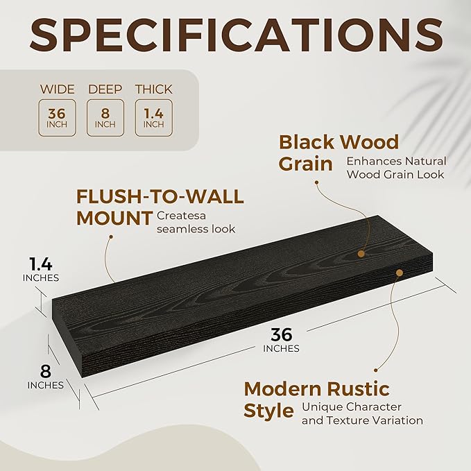 Dreamland 36 inch Floating Shelves Wall Shelves for Office with Invisible Brackets, 8 inch Deep Shelves for Bathroom, Living Room, Kitchen, Office, 36x7.9 inch deep Set of 2, Black