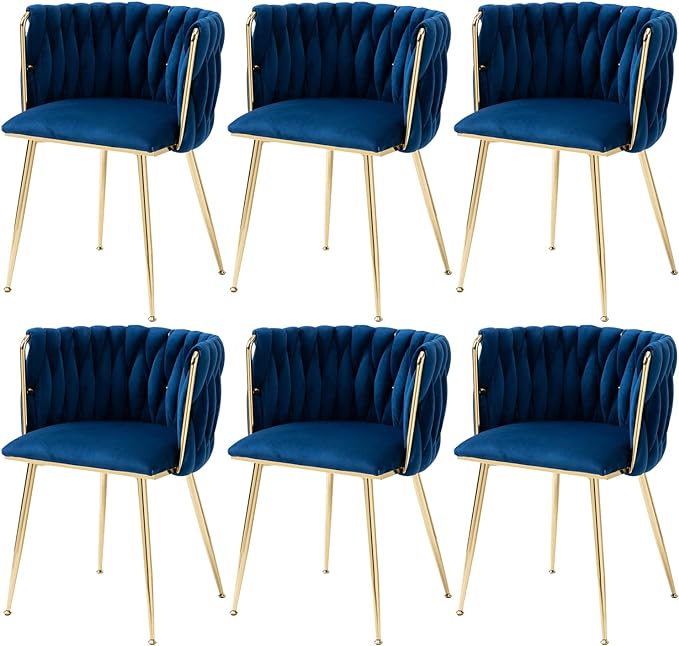 Nrizc Woven Dining Chairs Set of 6, Velvet Upholstered Dining Chairs with Gold Metal Legs, Modern Accent Chairs for Living Room, Dining Room, Kitchen (Blue)