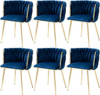 Nrizc Woven Dining Chairs Set of 6, Velvet Upholstered Dining Chairs with Gold Metal Legs, Modern Accent Chairs for Living Room, Dining Room, Kitchen (Blue)