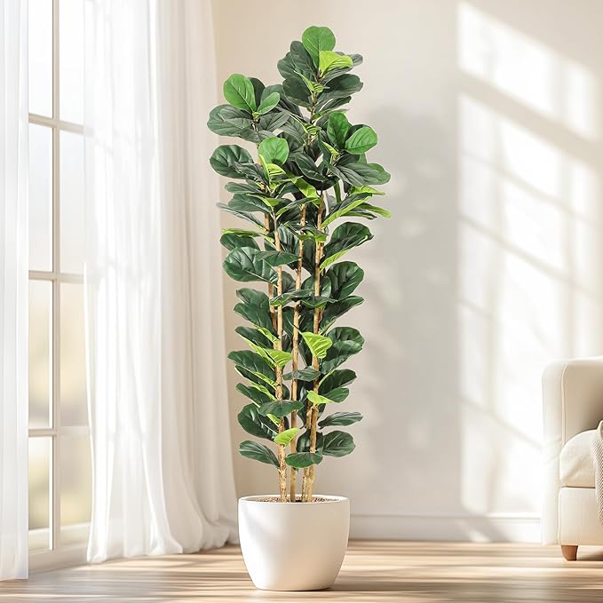 GarveeHome 7 ft Faux Fiddle Leaf Fig Tree with White Pot, Faux Trees with Artificial Plants 107 Fiddle Leaves Greenery - Lifelike Fake Tree for Home Office Store Room Decor Indoor Outdoor