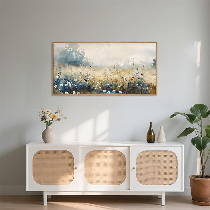 Nature Wildflower Framed Canvas Wall Art Set, Pastoral Landscape Wall Decor, Colorful Meadow Wall Painting, Rustic Floral Art Print for Living Room, Bedroom, Office - 20"X40"