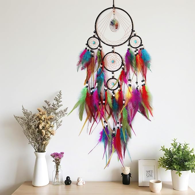 Colorful Large Dream Catcher Wall Decor Feather Dream Catchers with Crystal Tree of Life Pendant Handmade Dreamcatcher Wall Hanging Ornament for Bedroom Living Room Home Decor