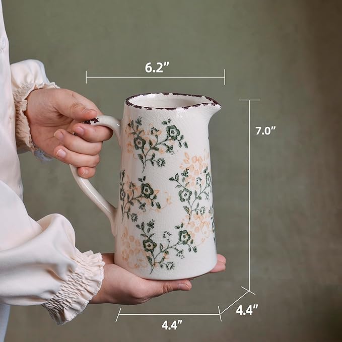 Ceramic Vintage Flower Vase with Handle, Chinoiserie Floral Pitcher Vase for Home Decor, Decorative Vases for Centerpiece Table Decorations, Green and White Vases for Living Room Kitchen Shelf Decor