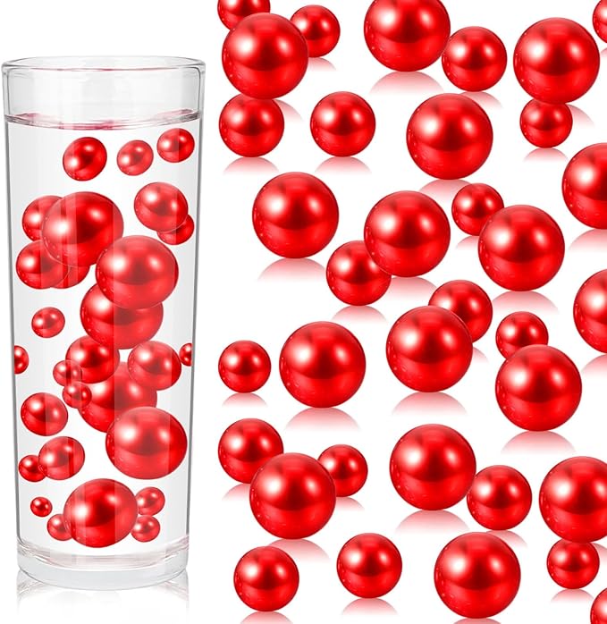 200PCS Red Faux Pearls Beads for Centerpiece Vases, Vase Filler Faux Pearls, No Holes Filler Beads for Party Anniversary Birthday Wedding Table Decor, 10/14/20/30mm