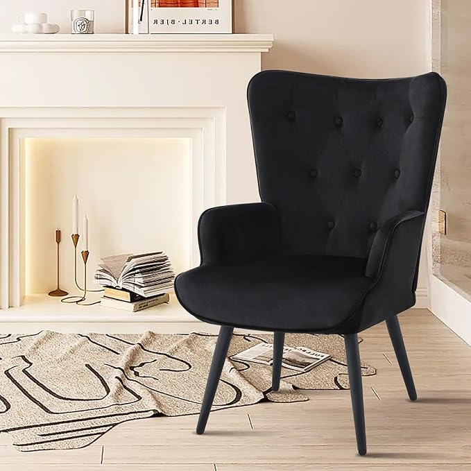 Furnimart Black Velvet Accent Chair Mid Century Modern Living Room Chairs; Comfy Armchair Leisure Vanity Guest Wingback Chair for Office Study Vanity Bedroom Waiting Room