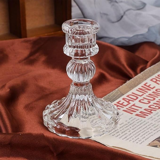 6 Pack Glass Taper Candlestick Holders, Clear Candlestick Holders, 4" H Stripe Crystal Candle Holders Decorative Candle Stand Centerpiece for Wedding, Festival, Dinning Party Table Decor