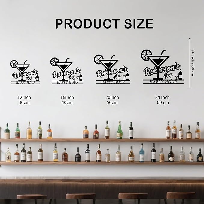 Happy Hour Metal Bar Sign - Personalized Wine Wall Art, Rustic Home Bar Decor, Custom Cocktail & Wine Themed Metal Signs for Indoor/Outdoor - MADE IN USA