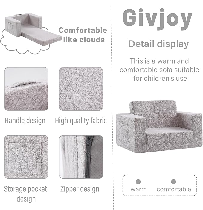 Toddler Chair Sherpa Kids Couch, 2-in-1 Toddler Soft Kids Sofa Toddler Lounger Chair for Bedroom, Convertible Toddler Couch for Girls and Boys, Reading Chair for Kids, Grey