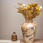 Rustic Pottery Ceramic Vase - Vintage Farmhouse Style Decor, White Grid Ceramic Vases for Home Decor, Modern Farmhouse Decor (Gray black)