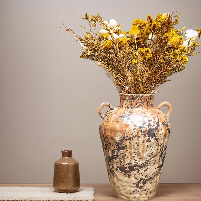 Rustic Pottery Ceramic Vase - Vintage Farmhouse Style Decor, White Grid Ceramic Vases for Home Decor, Modern Farmhouse Decor (Gray black)